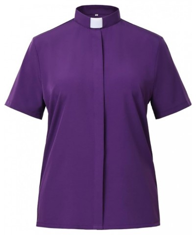 Women Clergy Tab Collared Shirt Long/Short Sleeve Button-Down Blouse Purple 1(short Sleeves) $14.84 Blouses