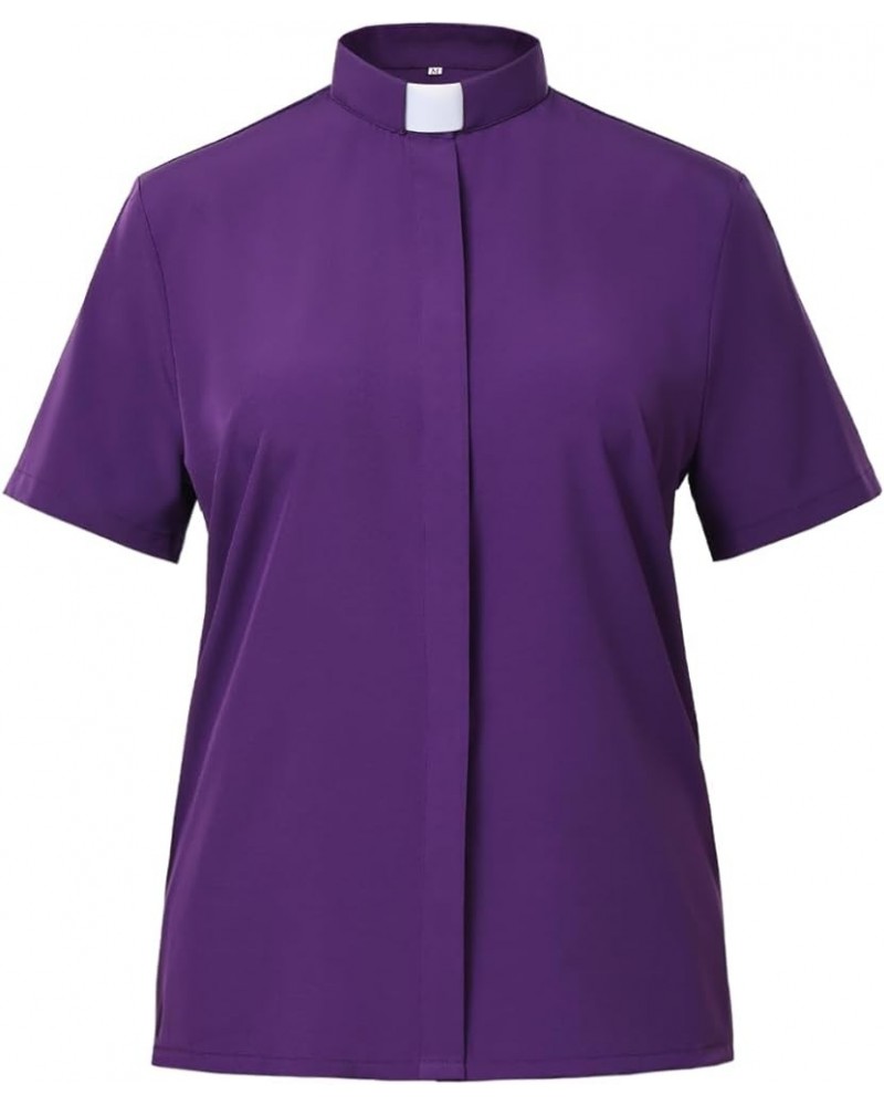 Women Clergy Tab Collared Shirt Long/Short Sleeve Button-Down Blouse Purple 1(short Sleeves) $14.84 Blouses