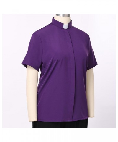 Women Clergy Tab Collared Shirt Long/Short Sleeve Button-Down Blouse Purple 1(short Sleeves) $14.84 Blouses