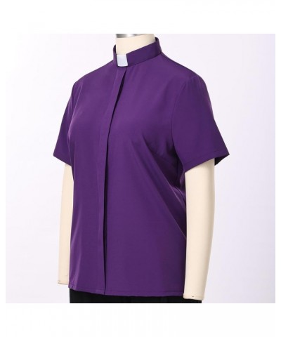 Women Clergy Tab Collared Shirt Long/Short Sleeve Button-Down Blouse Purple 1(short Sleeves) $14.84 Blouses