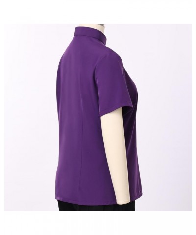 Women Clergy Tab Collared Shirt Long/Short Sleeve Button-Down Blouse Purple 1(short Sleeves) $14.84 Blouses