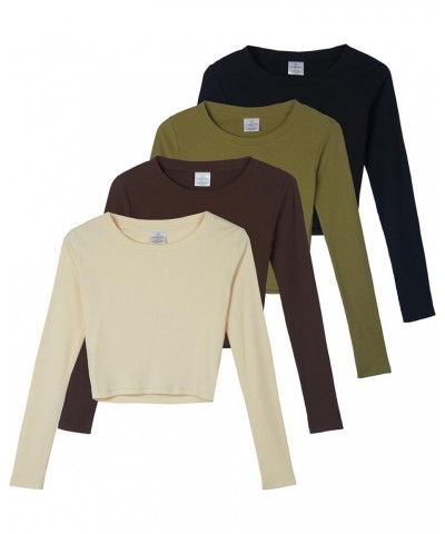 4-Pack: Women's Long Sleeve Ribbed Knit Cotton Crew Neck Crop Top Shirt - (Available in Plus) Standard Set 1 $19.75 T-Shirts