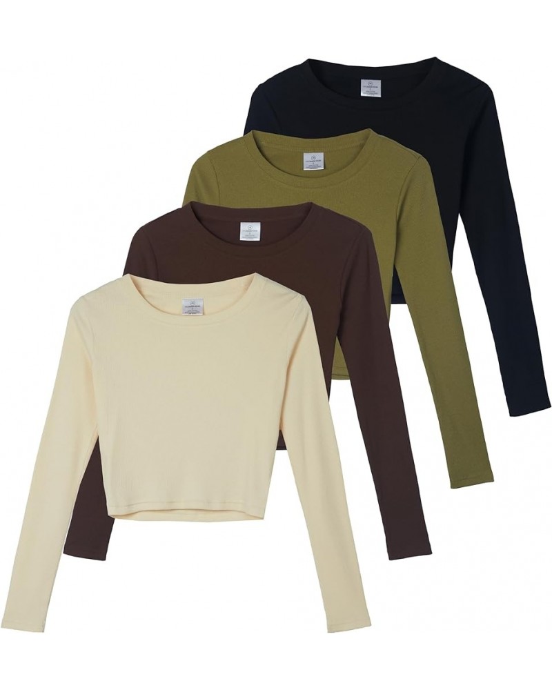 4-Pack: Women's Long Sleeve Ribbed Knit Cotton Crew Neck Crop Top Shirt - (Available in Plus) Standard Set 1 $19.75 T-Shirts