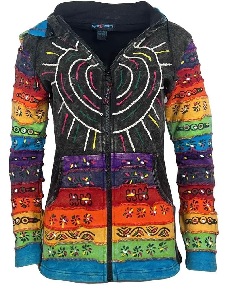 Women's Boho Knit Cotton Distressed Gypsy Brush Painted Peace Symbol Detachable Pixie Sweatshirt Jacket Hoodie Black $26.02 H...