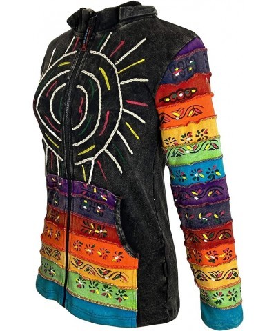 Women's Boho Knit Cotton Distressed Gypsy Brush Painted Peace Symbol Detachable Pixie Sweatshirt Jacket Hoodie Black $26.02 H...