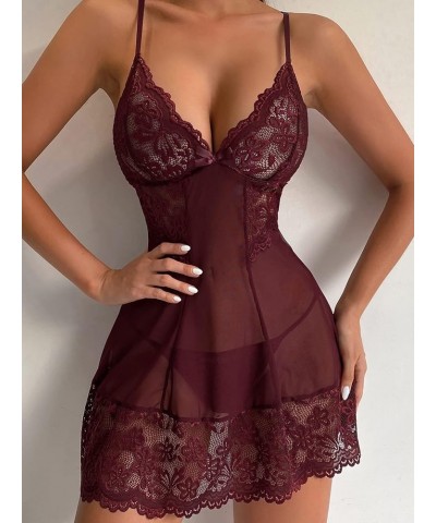 Lingerie for Women Contrast Lace Mesh Scallop Trim Slips with Thong Sleep & Lounge (Color : Burgundy, Size : Large) X-Large M...