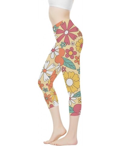 Womens Yoga Pants High Waist Stretch Workout Running Leggings Tummy Control Seamless Capri Sweatpants Colorful Groovy Flower ...