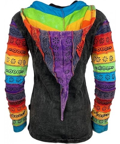 Women's Boho Knit Cotton Distressed Gypsy Brush Painted Peace Symbol Detachable Pixie Sweatshirt Jacket Hoodie Black $26.02 H...