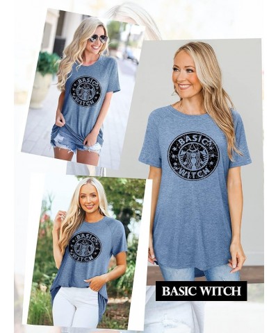 Basic Witch Coffee T Shirts for Women Coffee Letters Print Shirt with Funny Sayings Casual Tee Tops 5-blue $9.43 Others