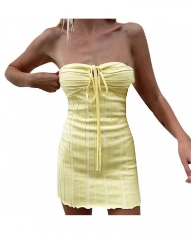 Women Sexy Strapless Pearl Tube Bodycon Dress, Off Shoulder Backless Summer Night Out Club Party Bandeau Mini Dresses B-yello...