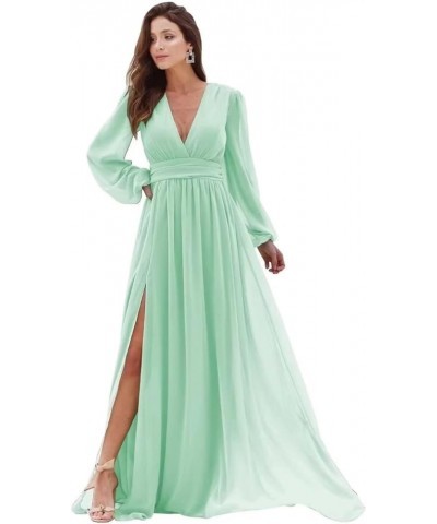 Women's Long Sleeve Bridesmaid Dresses with Slit Long Ruched Formal Evening Party Gown Mint Green $33.54 Dresses