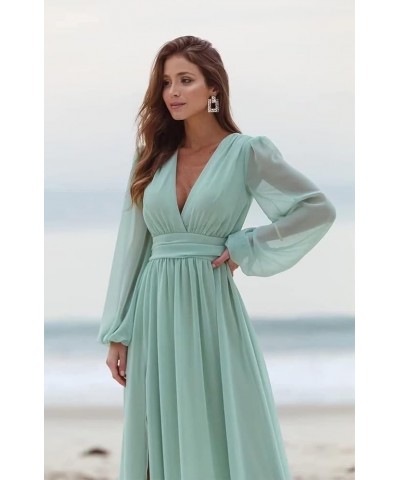 Women's Long Sleeve Bridesmaid Dresses with Slit Long Ruched Formal Evening Party Gown Mint Green $33.54 Dresses