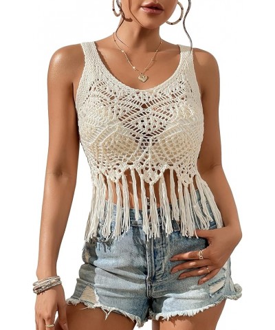 Women's Crochet Knit Fringe Tank Top Hollow Out Swimsuit Cover Up Tops Beige $15.89 Swimsuits