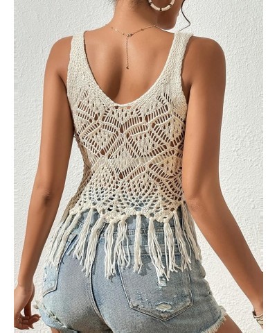 Women's Crochet Knit Fringe Tank Top Hollow Out Swimsuit Cover Up Tops Beige $15.89 Swimsuits