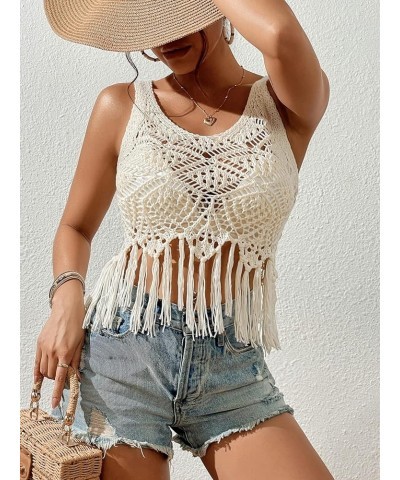 Women's Crochet Knit Fringe Tank Top Hollow Out Swimsuit Cover Up Tops Beige $15.89 Swimsuits