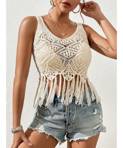 Women's Crochet Knit Fringe Tank Top Hollow Out Swimsuit Cover Up Tops Beige $15.89 Swimsuits