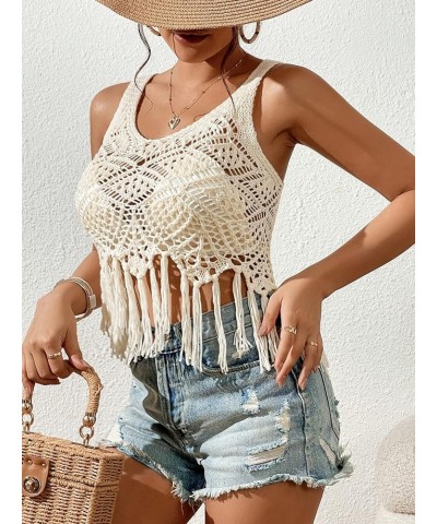 Women's Crochet Knit Fringe Tank Top Hollow Out Swimsuit Cover Up Tops Beige $15.89 Swimsuits