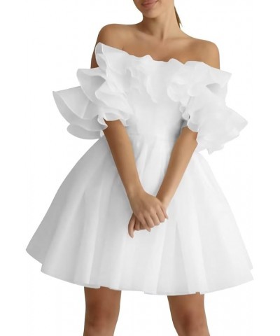 Off Shoulder Organza Short Prom Dresses Ruffles Puffy Homecoming Dresses A-line Evening Wedding Party Gowns for Women White $...