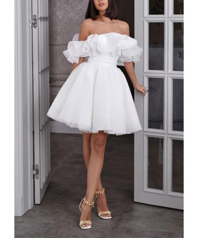 Off Shoulder Organza Short Prom Dresses Ruffles Puffy Homecoming Dresses A-line Evening Wedding Party Gowns for Women White $...