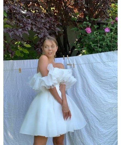 Off Shoulder Organza Short Prom Dresses Ruffles Puffy Homecoming Dresses A-line Evening Wedding Party Gowns for Women White $...