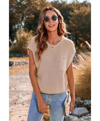 Women Sweater Vest Cap Sleeve Knit Sweaters Tops with Front Pocket Beige Satin $18.80 Sweaters