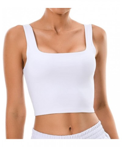 Women's Body Contour Square Neck Tank Tops Sleeveless Strappy Crop Double Lined Shirts White $14.99 Tanks