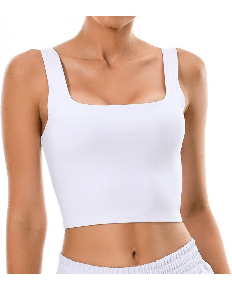 Women's Body Contour Square Neck Tank Tops Sleeveless Strappy Crop Double Lined Shirts White $14.99 Tanks