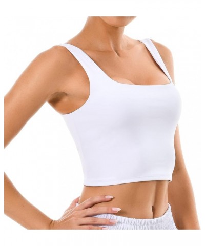 Women's Body Contour Square Neck Tank Tops Sleeveless Strappy Crop Double Lined Shirts White $14.99 Tanks