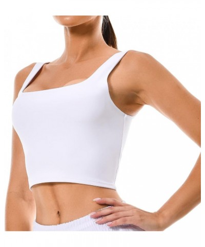 Women's Body Contour Square Neck Tank Tops Sleeveless Strappy Crop Double Lined Shirts White $14.99 Tanks