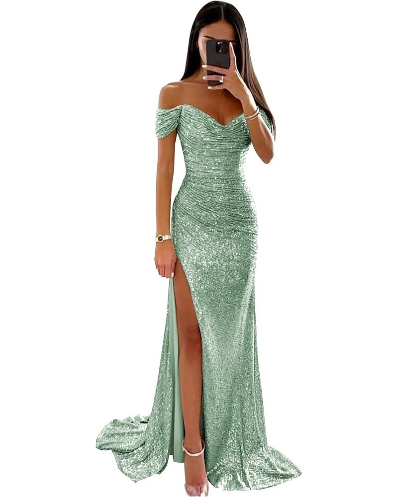 Sparkly Sequin Prom Dresses Long with Slit Off The Shoulder Bridesmaid Dress Pleated Evening Formal Gowns Mint Green $36.39 D...