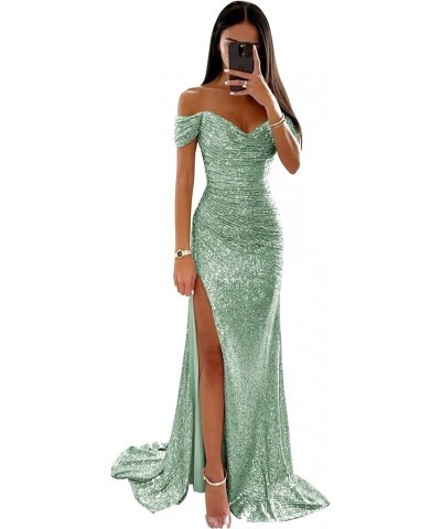 Sparkly Sequin Prom Dresses Long with Slit Off The Shoulder Bridesmaid Dress Pleated Evening Formal Gowns Mint Green $36.39 D...