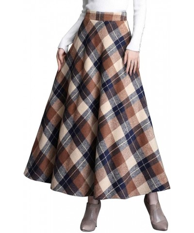 Women's Winter Warm Wool Plaid High Waist A-Line Drape Pleated Maxi Skirts with Pockets Khaki $23.49 Skirts