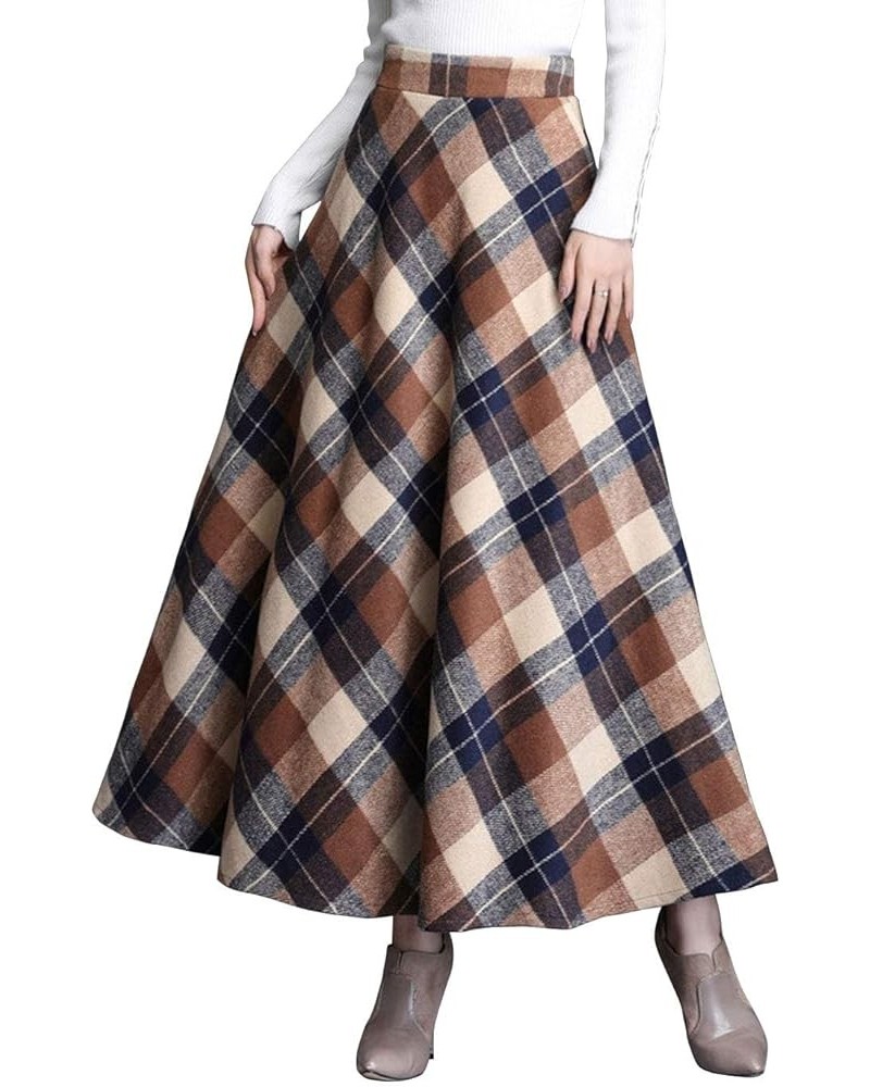 Women's Winter Warm Wool Plaid High Waist A-Line Drape Pleated Maxi Skirts with Pockets Khaki $23.49 Skirts