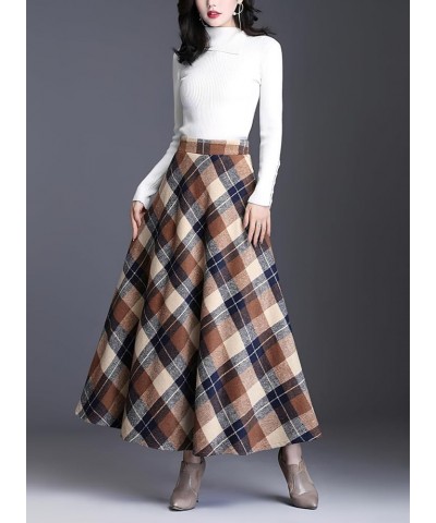 Women's Winter Warm Wool Plaid High Waist A-Line Drape Pleated Maxi Skirts with Pockets Khaki $23.49 Skirts