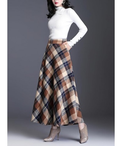 Women's Winter Warm Wool Plaid High Waist A-Line Drape Pleated Maxi Skirts with Pockets Khaki $23.49 Skirts