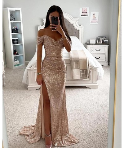 Sparkly Sequin Prom Dresses Long with Slit Off The Shoulder Bridesmaid Dress Pleated Evening Formal Gowns Mint Green $36.39 D...