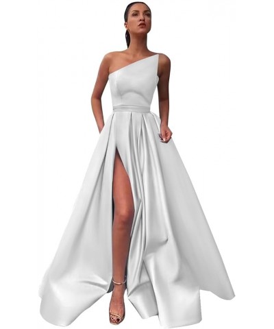 Women's A line Long Prom Dress with Pockets Satin Ball Gown Side Slit Backless Formal Evening Party Gown White $43.34 Dresses