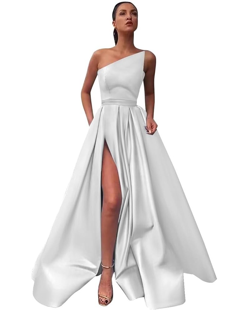 Women's A line Long Prom Dress with Pockets Satin Ball Gown Side Slit Backless Formal Evening Party Gown White $43.34 Dresses