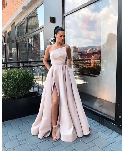 Women's A line Long Prom Dress with Pockets Satin Ball Gown Side Slit Backless Formal Evening Party Gown White $43.34 Dresses