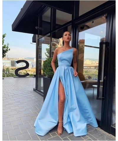 Women's A line Long Prom Dress with Pockets Satin Ball Gown Side Slit Backless Formal Evening Party Gown White $43.34 Dresses