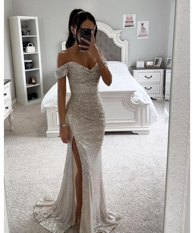 Sparkly Sequin Prom Dresses Long with Slit Off The Shoulder Bridesmaid Dress Pleated Evening Formal Gowns Mint Green $36.39 D...