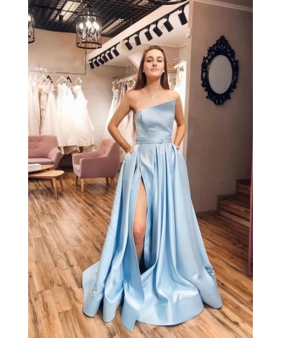 Women's A line Long Prom Dress with Pockets Satin Ball Gown Side Slit Backless Formal Evening Party Gown White $43.34 Dresses