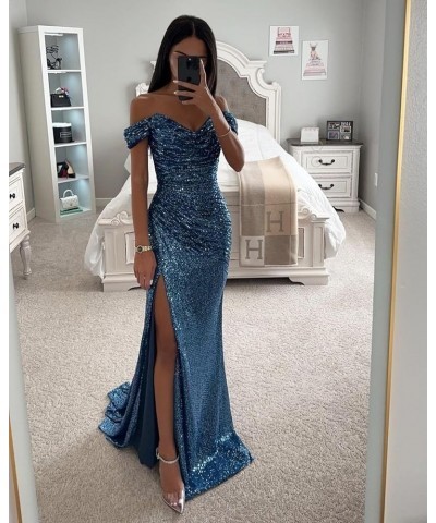 Sparkly Sequin Prom Dresses Long with Slit Off The Shoulder Bridesmaid Dress Pleated Evening Formal Gowns Mint Green $36.39 D...