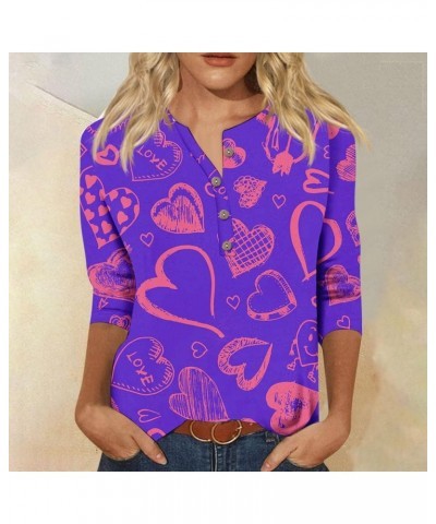 Womens Shirts Valentines Day Button Down Y2K Tops 3/4 Sleeve Blouses Casual Sweatshirts Henley Neck Spring Clothes Ao494-purp...