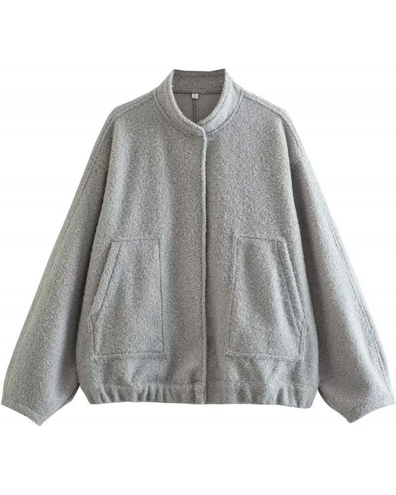 Women's Wool Blend Bomber Jacket Button Down Stand-Collar Shacket Jacket Oversized Varsity Jacket Streetwear Light Grey $18.5...