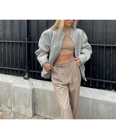 Women's Wool Blend Bomber Jacket Button Down Stand-Collar Shacket Jacket Oversized Varsity Jacket Streetwear Light Grey $18.5...