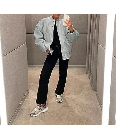 Women's Wool Blend Bomber Jacket Button Down Stand-Collar Shacket Jacket Oversized Varsity Jacket Streetwear Light Grey $18.5...