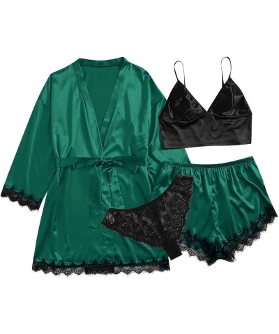 Silk Pajamas for Women Set with Robe Sexy Satin 4pcs Sleepwear Soft Floral Lace Cami Lingerie Shorts Loungwear 04-green $8.69...