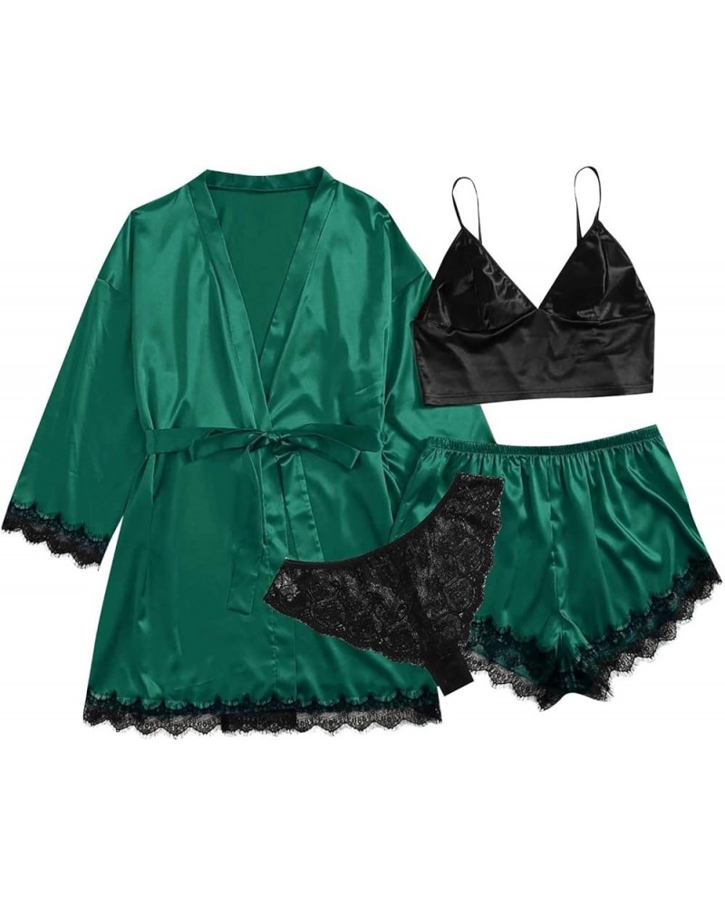 Silk Pajamas for Women Set with Robe Sexy Satin 4pcs Sleepwear Soft Floral Lace Cami Lingerie Shorts Loungwear 04-green $8.69...