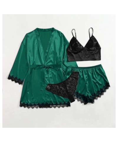 Silk Pajamas for Women Set with Robe Sexy Satin 4pcs Sleepwear Soft Floral Lace Cami Lingerie Shorts Loungwear 04-green $8.69...